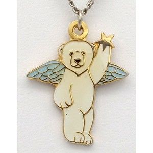 Alaskan White Polar Bear Angel Pendant Chain Necklace Holding Star With Wings